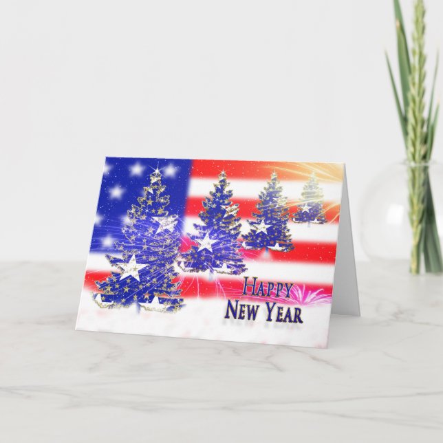 Happy New Year - PATRIOTIC -FLAG/TREES Holiday Card (Front)