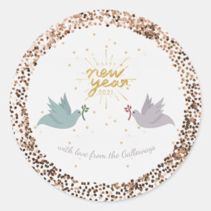 Happy New Year Peace Doves Glitter Monogram Classic Round Sticker