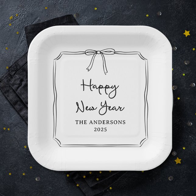 Happy New Year! Personalised Black & White Bow Paper Plate (Creator Uploaded)