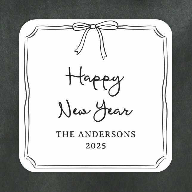 Happy New Year! Personalised Black & White Bow Square Sticker (Creator Uploaded)