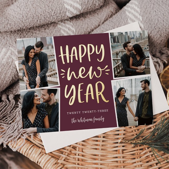 Happy New Year Photo Collage Foil Holiday Card (Creator Uploaded)