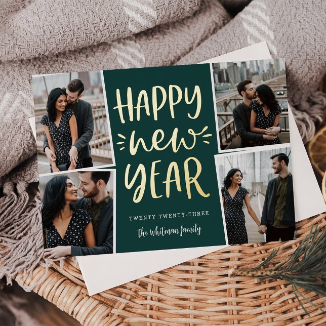 Happy New Year Photo Collage Foil Holiday Card (Creator Uploaded)