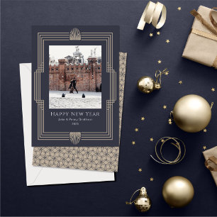 Happy New Year Photo Deco Navy Gold Holiday Card