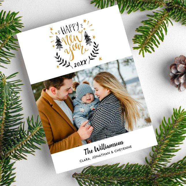 Happy New Year Photo Fun Festive Hand Drawn Holiday Card (Creator Uploaded)