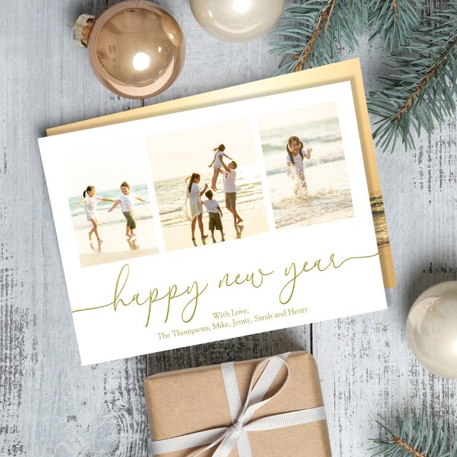 Happy New Year Photo Gold Calligraphy Holiday Card (Happy New Years photo cards with gold calligraphy script. )