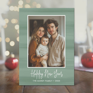 Happy New Year Photo with soft watercolor green Holiday Card