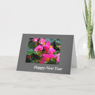 Happy New Year pink begonia flowers Holiday Card