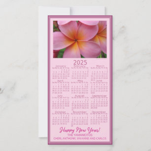 Happy New Year Pink Plumeria Flower 2025 Calendar  Holiday Card