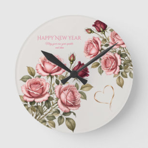 Happy New Year Pink Roses - Elegant Floral Wishes Round Clock