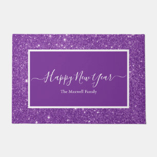 Happy New Year purple glitter script family name  Doormat