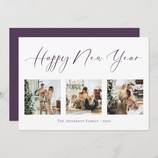 Happy New Year Purple Multi Photo Collage Holiday Card (Front/Back)