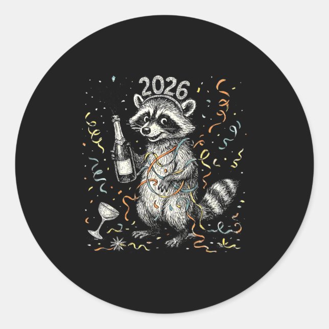 Happy New Year Raccoon With Champagne Funny New Ye Classic Round Sticker (Front)