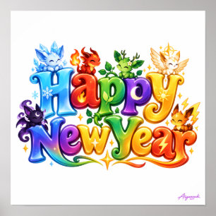 Happy New Year Rainbow Fantasy Wordmark Print