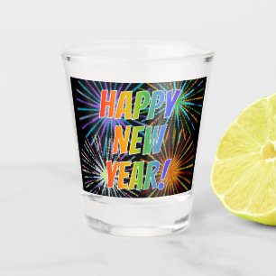 "HAPPY NEW YEAR!" Rainbow Text, Fireworks Pattern Shot Glass