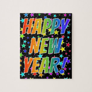 "HAPPY NEW YEAR!" Rainbow Text, Stars Pattern Jigsaw Puzzle