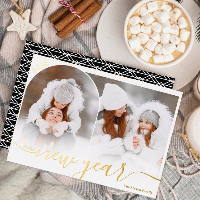 Happy New Year red 2 photo arch overlay collage Foil Holiday Card (Creator Uploaded)