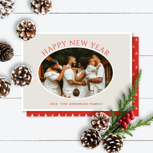 Happy New Year Red Cameo Photo Holiday Card