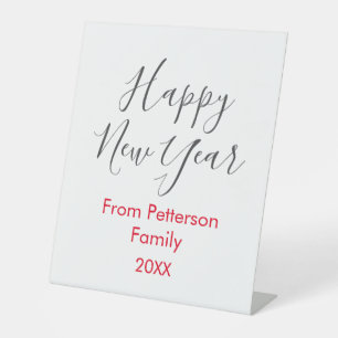 Happy new year red gra add family name year simple pedestal sign