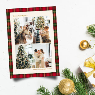 Happy New Year Red Green Plaid Multi Photo Family Holiday Card