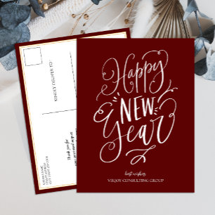 Happy New Year Red Script Modern Business Holiday Postcard