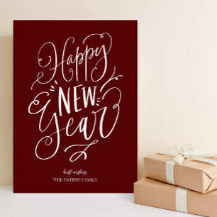 Happy New Year Red Script Modern Non Photo Holiday Card