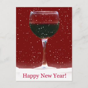 Happy New Year Red Wine and Snow Postcard