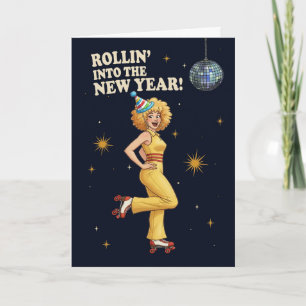 Happy New Year Retro Disco Roller Skating Woman Holiday Card