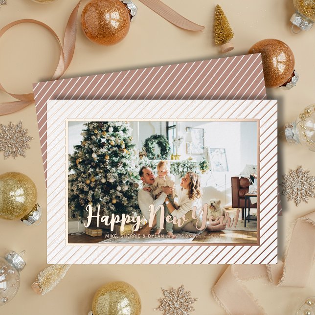  Happy New Year Rose Gold Pinstripe Foil Holiday Card (Happy New Year REAL rose gold foil diagonal pinstripes holiday greeting cards)