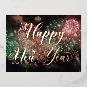     Happy New Year Rose Gold Typography Fireworks  Foil Holiday Postcard
