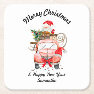Happy new year Santa gift boxes Square Paper Coaster