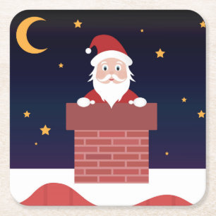 Happy New Year Santa on house roof Square Paper Coaster