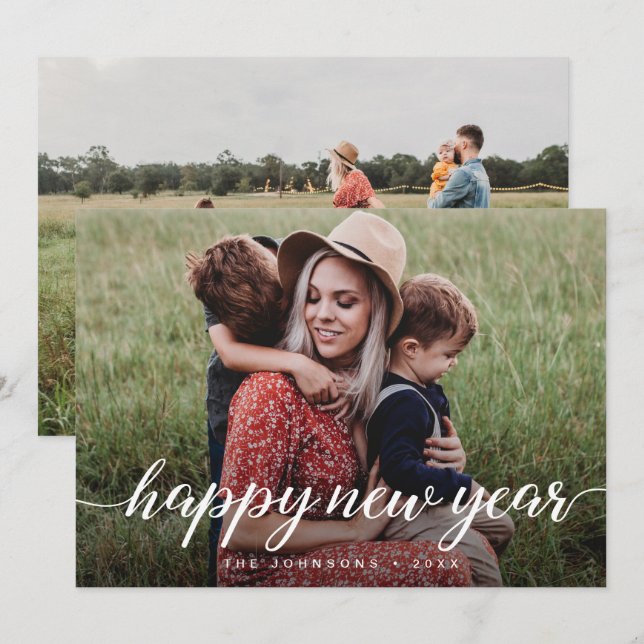 Happy New Year Script 2 family photo Custom Holiday Card (Front/Back)