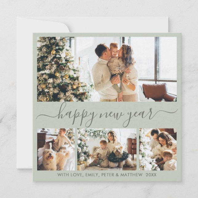 Happy New Year Script 4 Photo Collage Sage Green Holiday Card (Front)