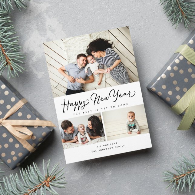 Happy New Year Script Black 3 Collage Multi-Photo Holiday Card (Creator Uploaded)