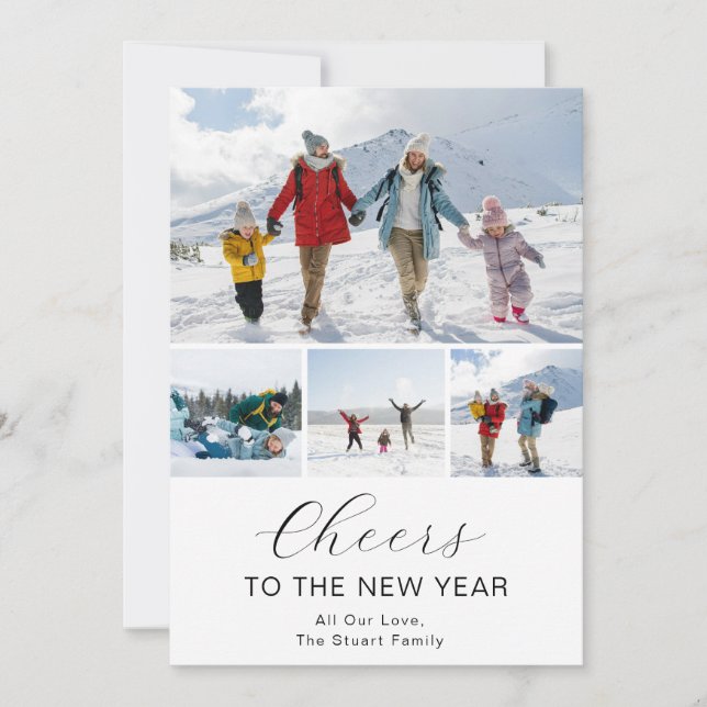 Happy New Year Script Black Collage Multi-Photo  Holiday Card (Front)