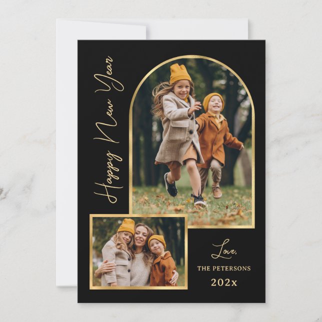 Happy New Year Script Black Gold Arch 3 Photo Holiday Card (Front)