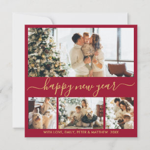 Happy New Year Script Burgundy 4 Photo Collage Holiday Card