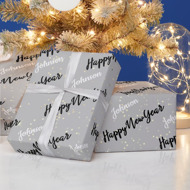 Happy New Year Script Custom Name Grey Gold  Wrapping Paper (Holidays)