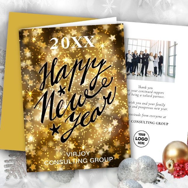 Happy New Year Script Festive Gold Stars Business Holiday Card (Creator Uploaded)