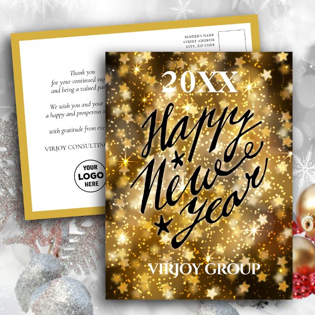 Happy New Year Script Festive Gold Stars Business Postcard (Creator Uploaded)