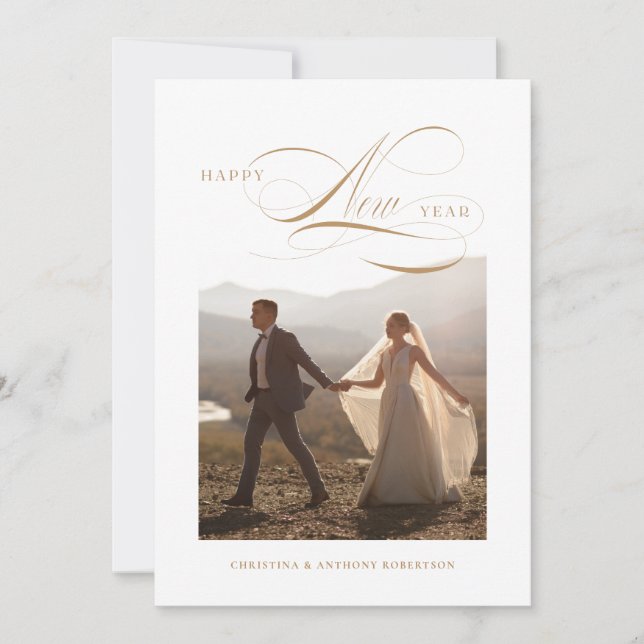 Happy New Year Script Holiday Photo Card (Front)