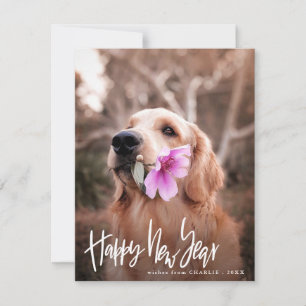 Happy New Year Script Modern Dog Photo Holiday Card