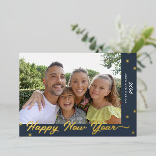 Happy New Year Script Photo Gold Foil Holiday Card