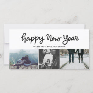 Happy New Year Script Three Photo Collage Modern Holiday Card
