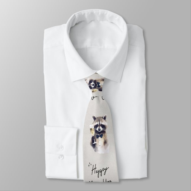 Happy New Year Script Toasting Racoon Tie (Tied)
