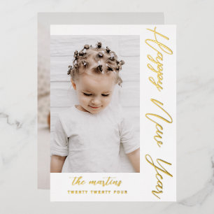 Happy New Year Script Two Photo Foil Holiday Card