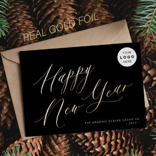 Happy New Year script your LOGO 2025 black gold Foil Holiday Card