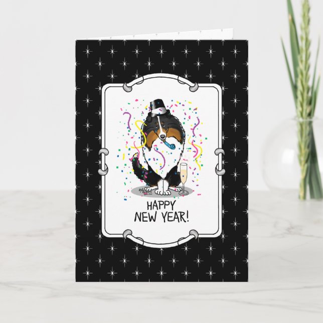 Happy New Year Shetland Sheepdog (tri colour) Cute Card (Front)