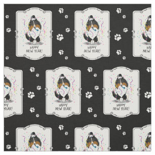 Happy New Year Shetland Sheepdog (tri colour) Cute Fabric