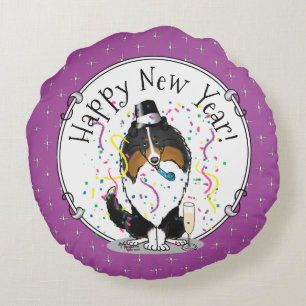 Happy New Year Shetland Sheepdog (tri colour) Cute Round Cushion